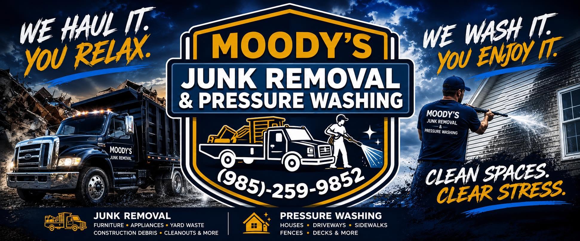 Moody's junk removal crew standing in front of their dump truck