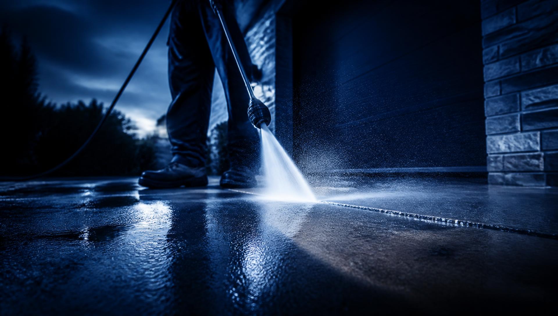 Pressure washing a concrete driveway at dusk